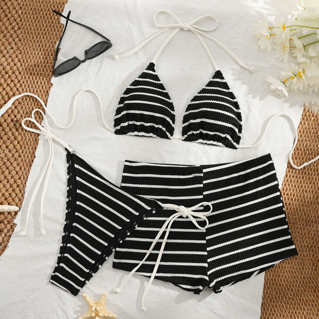 Damen Bikini-Set mit gestreiftem Oberteil und bequemen High-Waist-Hosen Drune