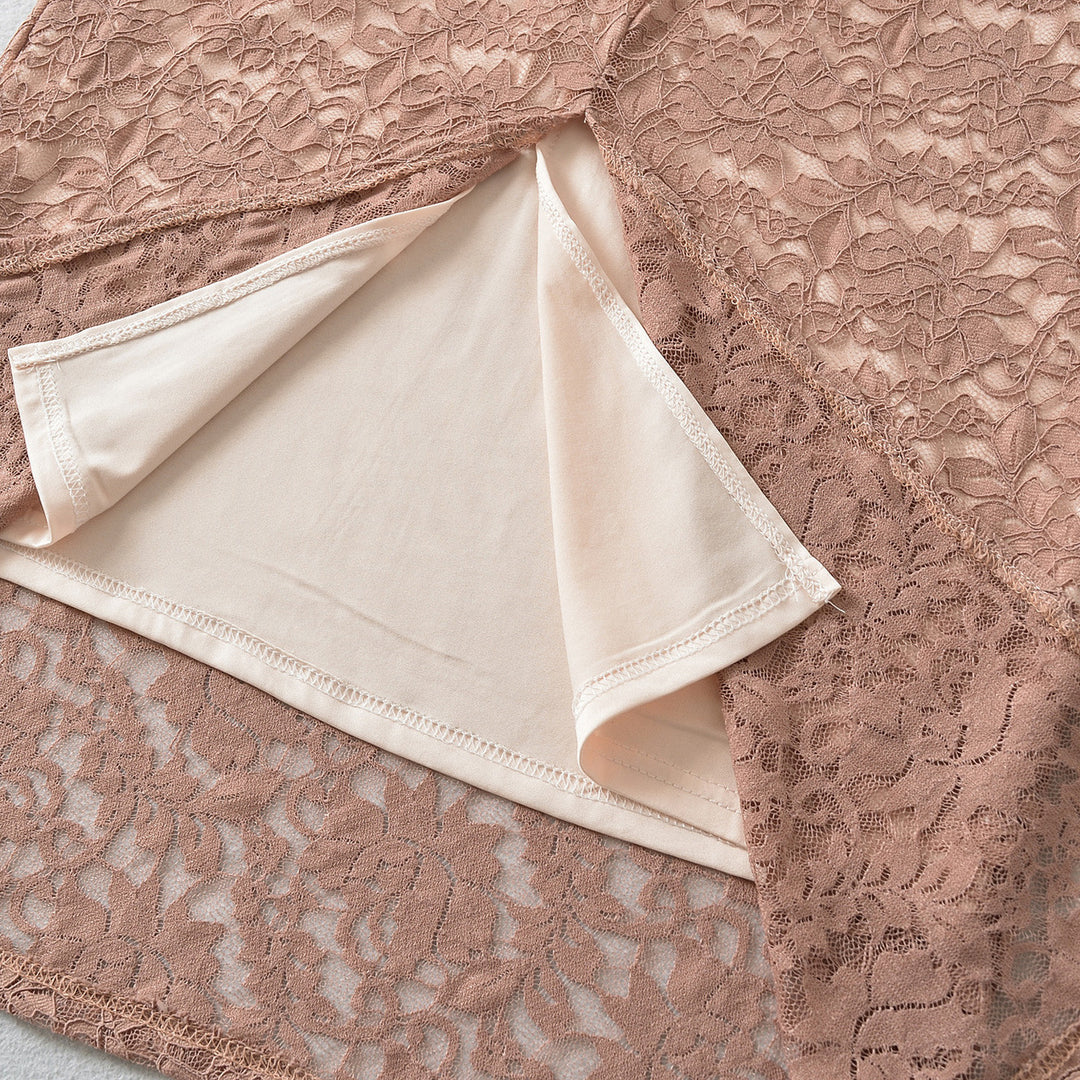 Damen Schulterfreies Spitzenkleid mit Taillenraffung und Langarm Drune