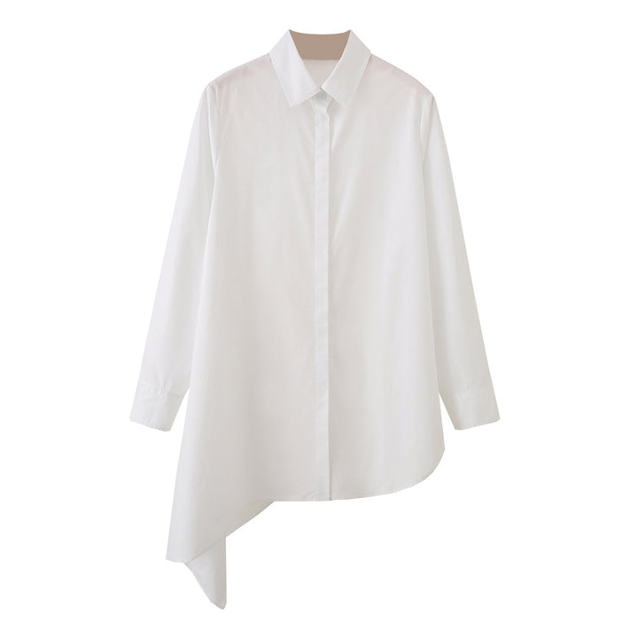 Damen Asymmetrische Oversize-Hemdbluse mit seitlichem Drape und verdeckter Knopfleiste Drune