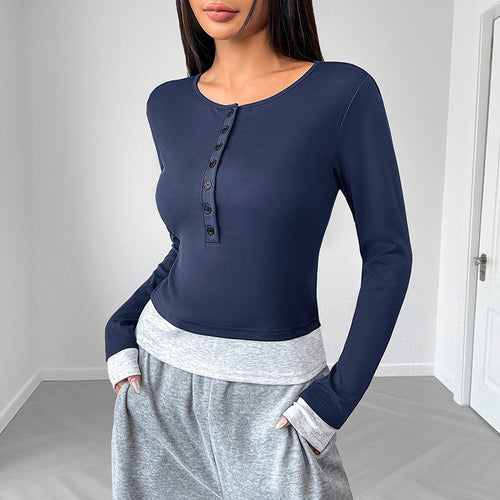Damen Langärmeliges Crop-Shirt mit Henley-Knopfleiste, Figurbetonter Stretch-Passform und Daumenloch Drune