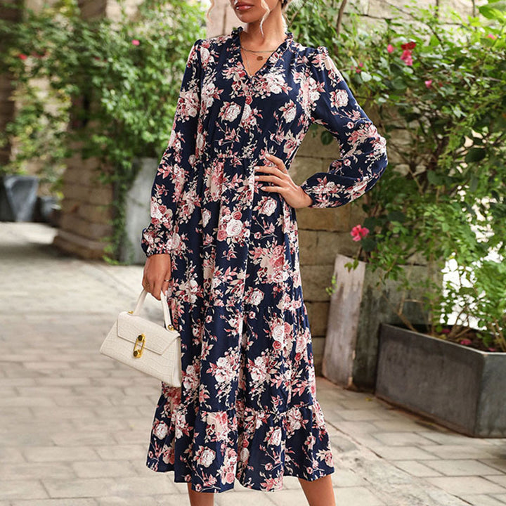 Damen Blumiges Viskose-Midikleid mit V‑Ausschnitt, Taillennaht und Stufenrock Drune