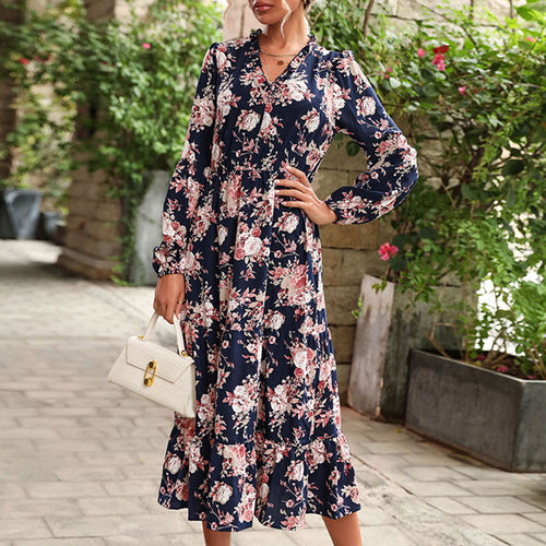 Damen Blumiges Viskose-Midikleid mit V‑Ausschnitt, Taillennaht und Stufenrock Drune