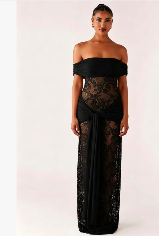 Damen Elegant drapiertes Spitzenkleid mit off-shoulder Design Drune