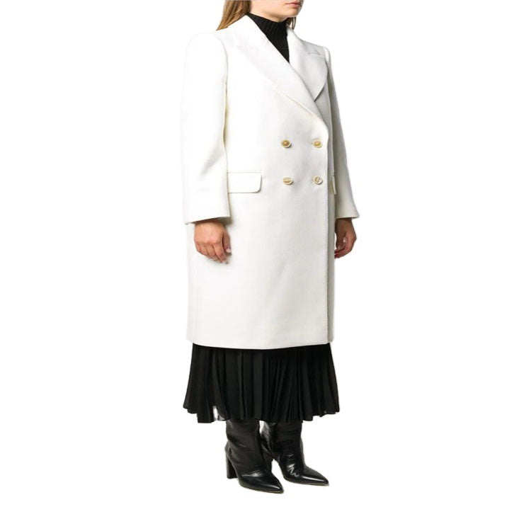 Damen Schlanker Zweireihiger Wollmix‑Longmantel mit Schalkragen, Goldknopf‑Detail und Pattentaschen Drune