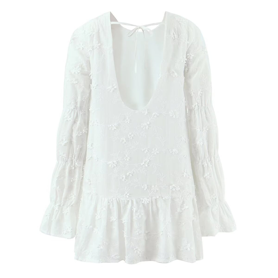 Damen luftiges Sommerkleid mit floralem Stickereidesign und voluminösen Ärmeln Drune