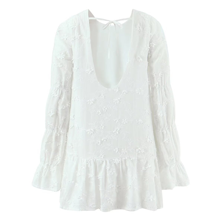 Damen luftiges Sommerkleid mit floralem Stickereidesign und voluminösen Ärmeln Drune