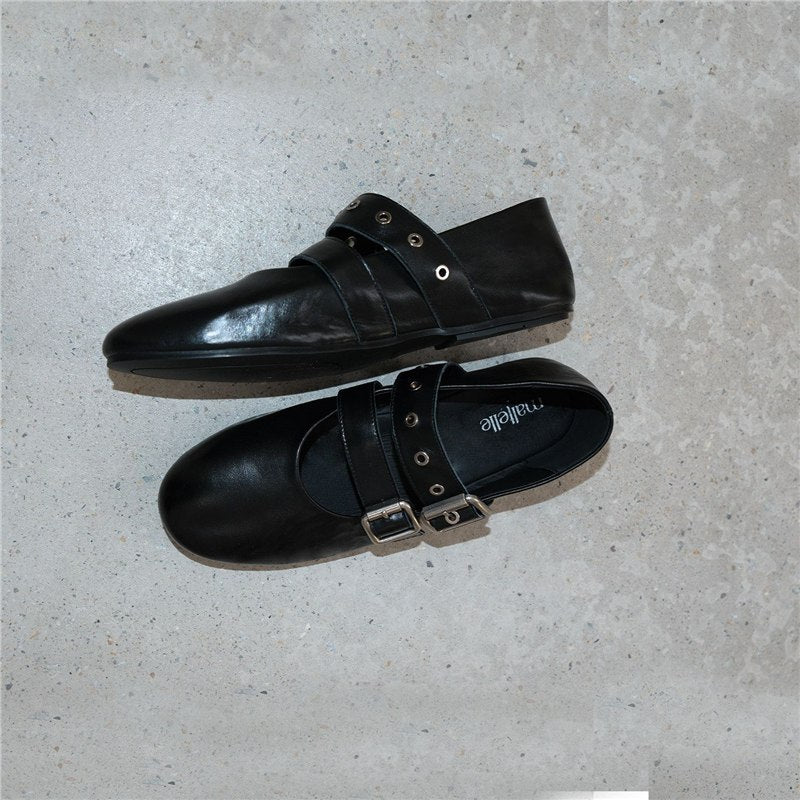 Damen Flache Mary‑Jane Slipper mit Doppelriemen, Metallösen und Dornschließen Drune