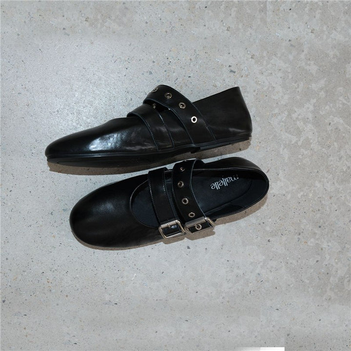 Damen Flache Mary‑Jane Slipper mit Doppelriemen, Metallösen und Dornschließen Drune