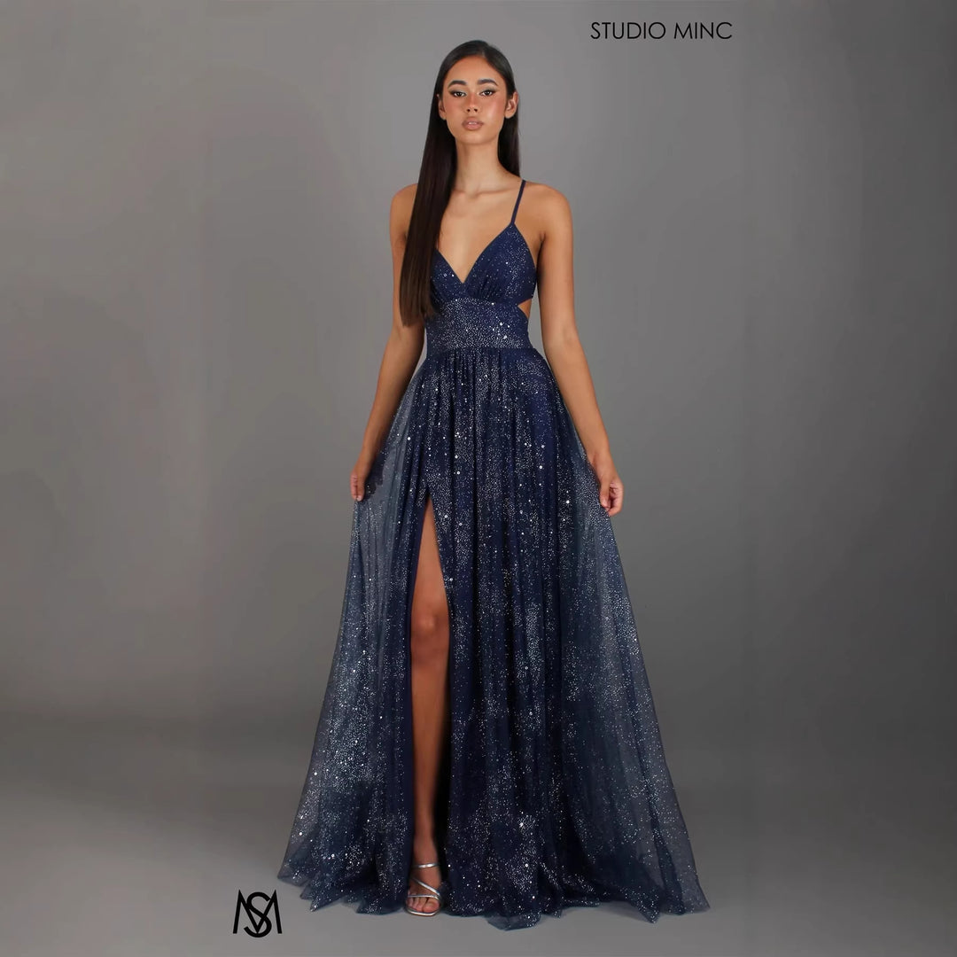 Damen Elegantes Abendkleid mit glamourösem V-Ausschnitt und funkelndem Tüll Drune