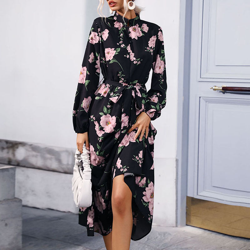 Damen Elegantes Blumen-Maxikleid mit Rüschen und Gürtel Drune