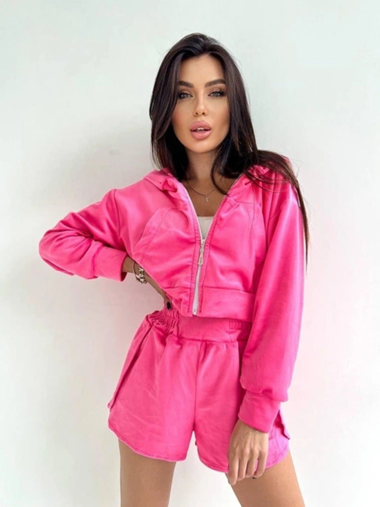 Damen sportliches Zweiteiler-Set mit kurzem Hoodie und bequemen Shorts Drune
