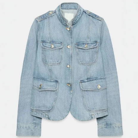 Damen Jeansjacke im Utility-Look mit Stehkragen, Pattentaschen und Schulterpatten Drune