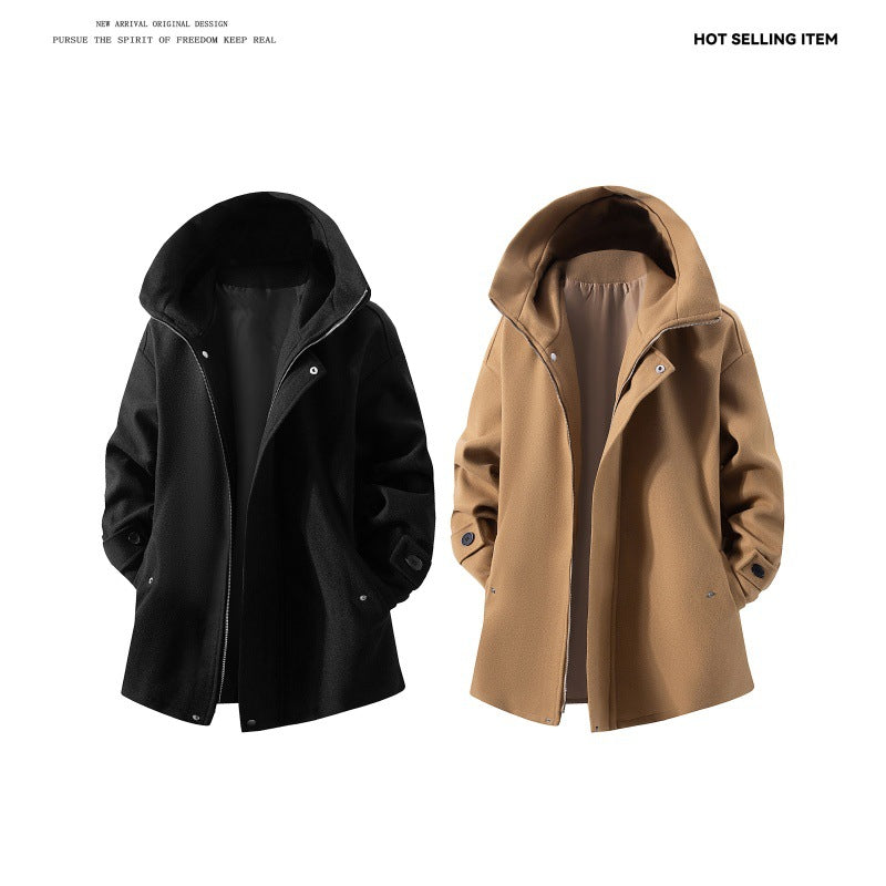 Herren nan Kapuzen-Mantel aus Wollmix mit Oversize-Schnitt und verdeckter Druckknopfleiste Drune