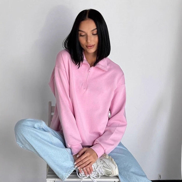Damen Oversized Sweatshirt mit halbem Reißverschluss und elastischem Saum Drune