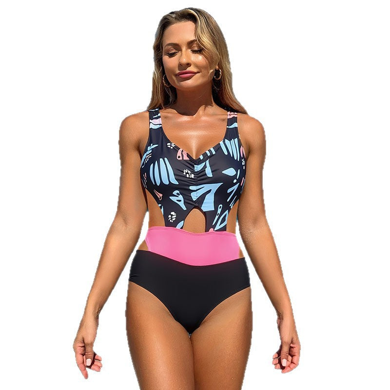Damen Einteiler Badeanzug mit modischem Cut-Out und buntem Muster Drune