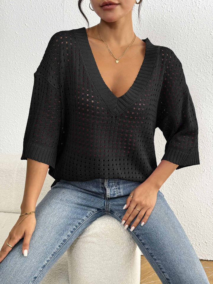 Damen luftiger Strickpullover mit V-Ausschnitt und dekorativem Lochmuster Drune