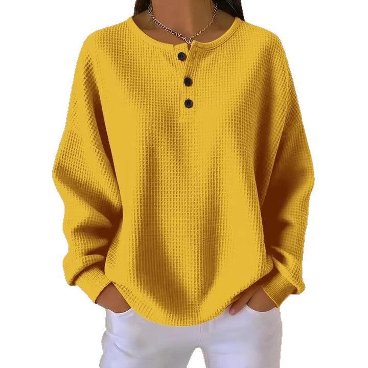 Damen Oversize Waffelstrick-Henleyshirt mit Knopfleiste und Rundhalsausschnitt Drune