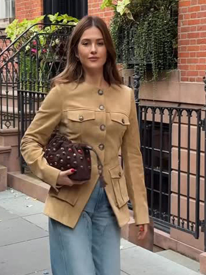 Damen Kurzjacke im Military-Utility-Stil mit aufgesetzten Pattentaschen und Rundhalsausschnitt Drune