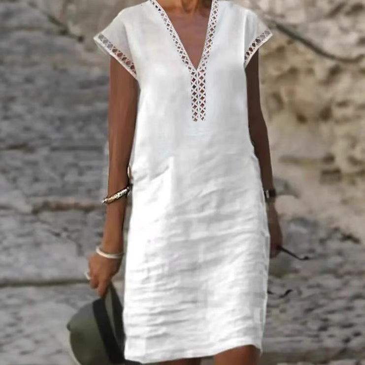 Damen nan leichtes Leinen-Kaftankleid mit V-Ausschnitt und Ajourbesatz Drune