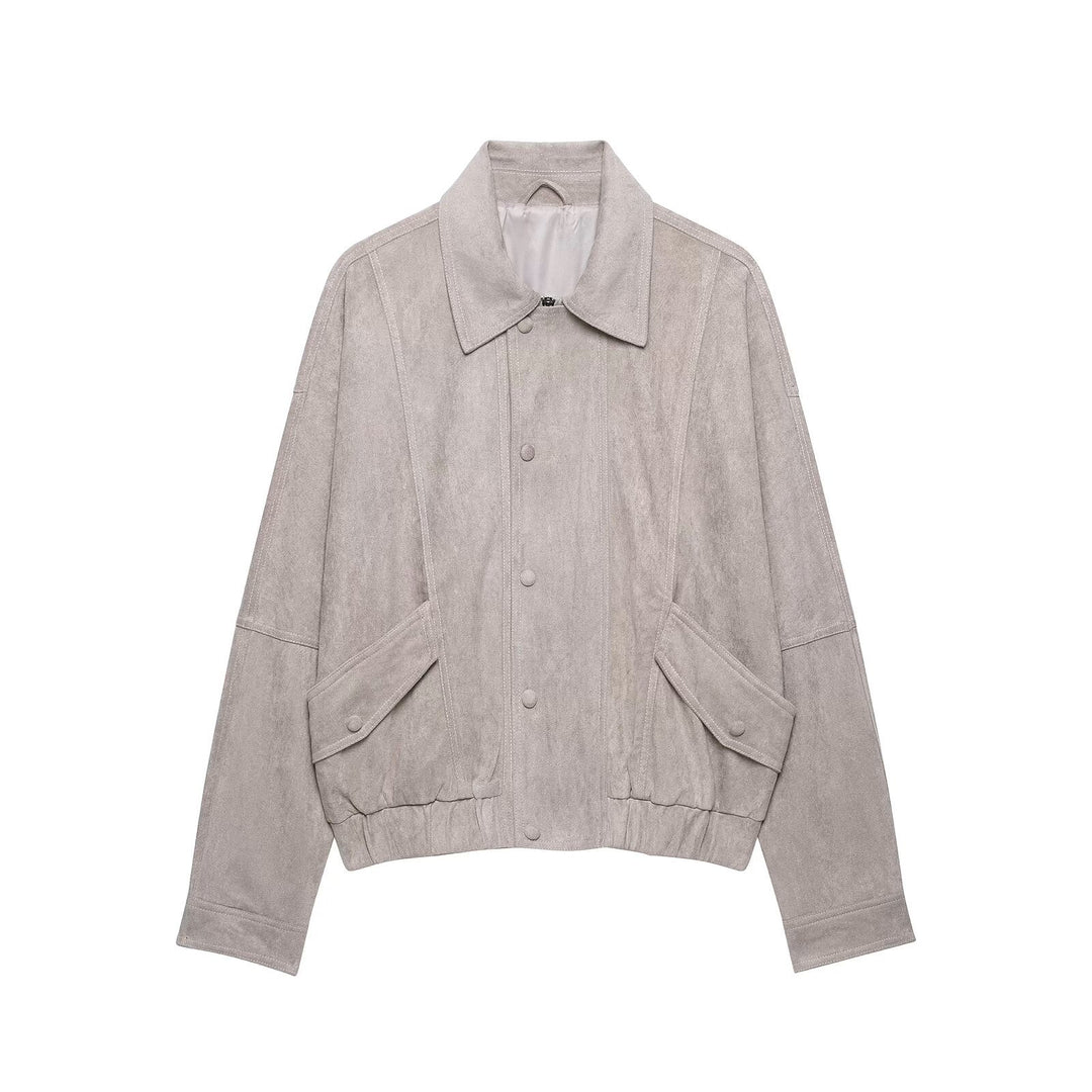Damen Oversized Veloursleder‑Optik Bomberjacke mit Pattentaschen und elastischem Saum Drune