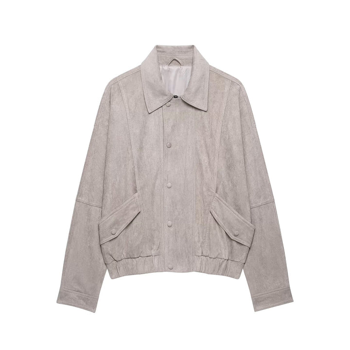 Damen Oversized Veloursleder‑Optik Bomberjacke mit Pattentaschen und elastischem Saum Drune