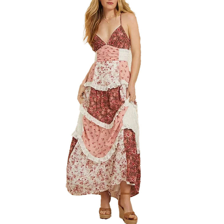 Damen Maxikleid mit zarten Rüschen und floralen Patchwork-Design Drune