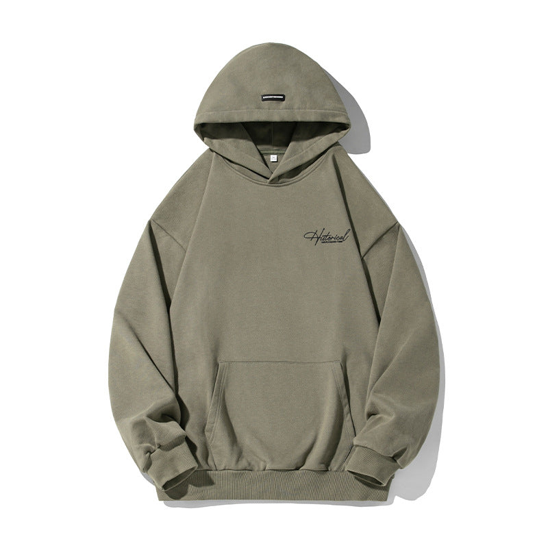 Unisex Komfort-Kapuzenpullover mit verlängertem Rückenteil, Raglanärmeln und Script-Stickerei Drune