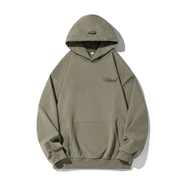 Unisex Komfort-Kapuzenpullover mit verlängertem Rückenteil, Raglanärmeln und Script-Stickerei Drune