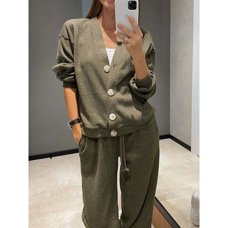 Damen Strick-Loungewear-Set mit V-Ausschnitt-Cardigan und weitem Kordelbund-Hose Drune