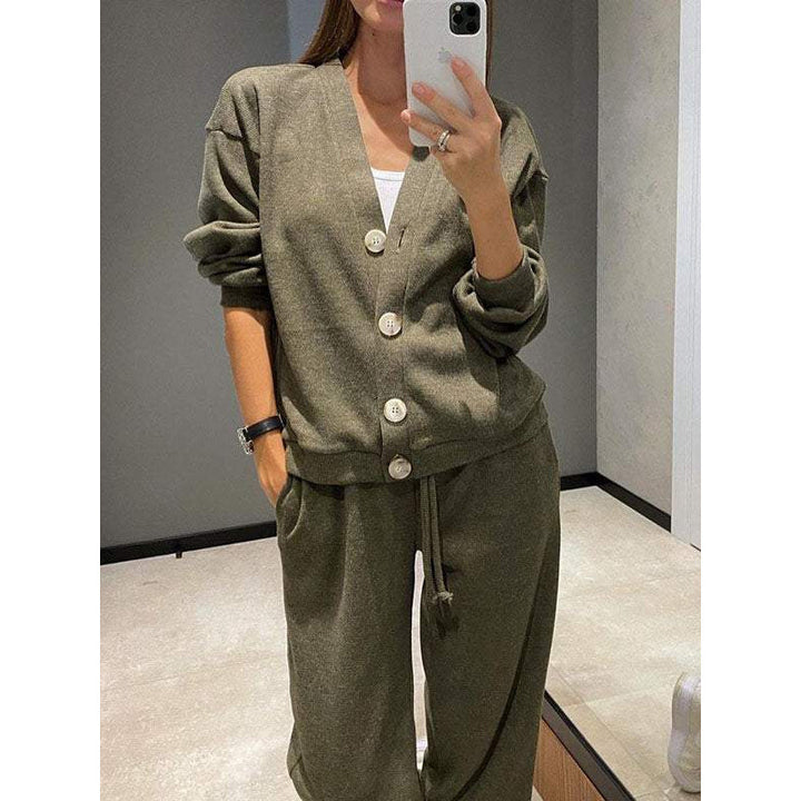 Damen Strick-Loungewear-Set mit V-Ausschnitt-Cardigan und weitem Kordelbund-Hose Drune