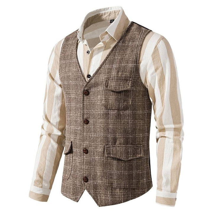Herren nan kariertes Wollmix Gilet mit Brusttasche und aufgesetzten Seitentaschen Drune
