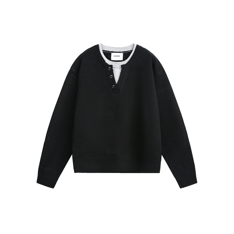 Unisex Grobgestrickter Pullover mit V‑Knopfleiste und Lagenkragen Drune