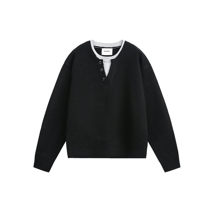 Unisex Grobgestrickter Pullover mit V‑Knopfleiste und Lagenkragen Drune