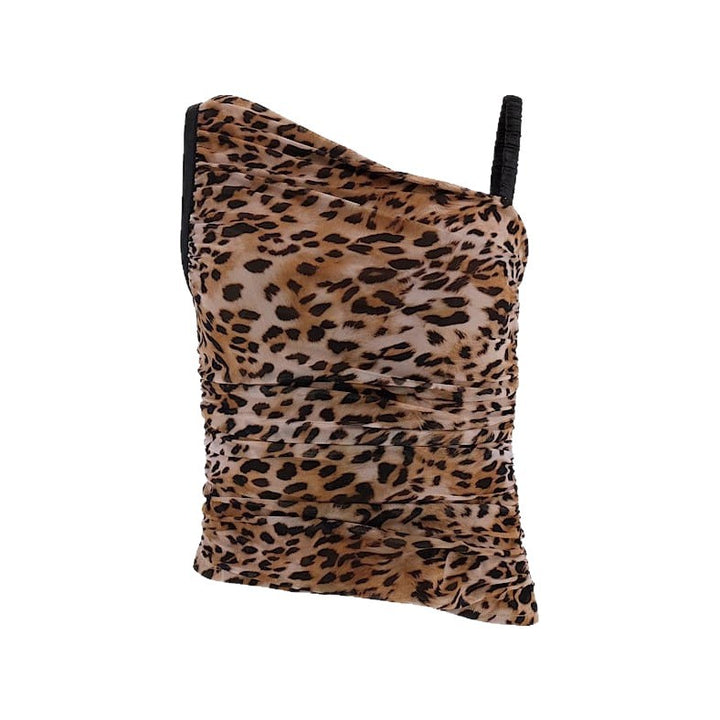 Damen Asymmetrisches Top mit Leopardenmuster und raffinierten Rüschen Drune