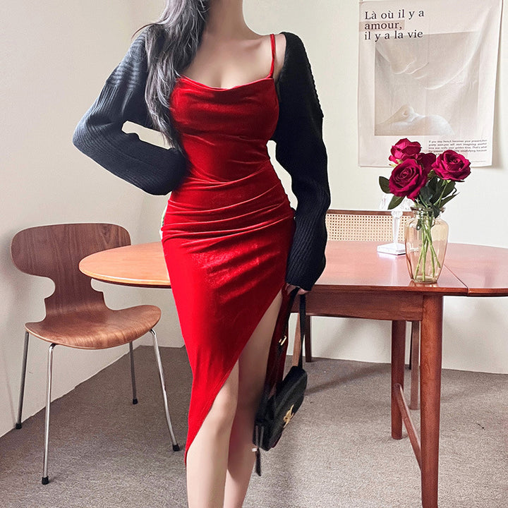 Damen elegantes Wickelkleid mit hohem Schlitz und schmalen Trägern Drune