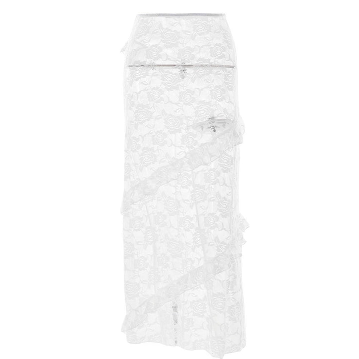 Damen Lange Spitzenrock mit asymmetrischem Rüschenverlauf und eleganter Blumenspitze Drune