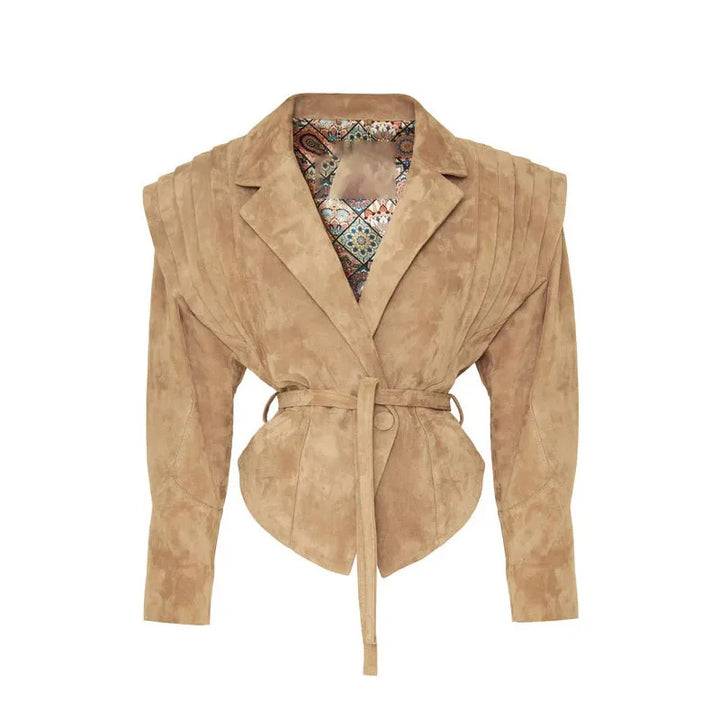 Damen Modische Wildlederjacke mit Taillengürtel Drune