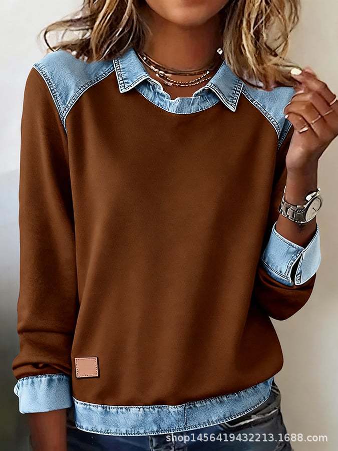 Damen nan gerippter Strickpullover mit Jeanskragen und Knopfleiste Drune