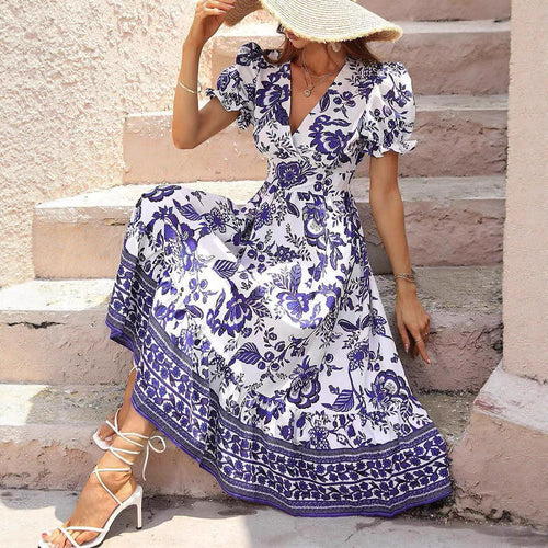 Damen nan tailliertes Boho-Maxikleid mit Wickeloptik V-Ausschnitt Puffärmeln und Bordüren-Stufenrock Drune
