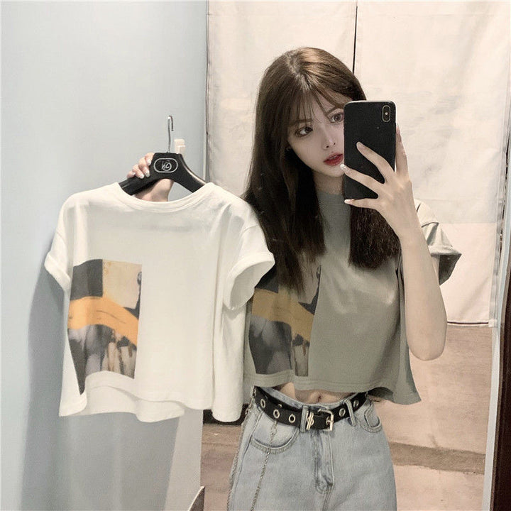 Damen Crop-T-Shirt mit kreativem Grafikdruck Drune