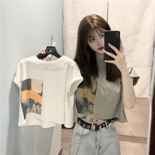 Damen Crop-T-Shirt mit kreativem Grafikdruck Drune