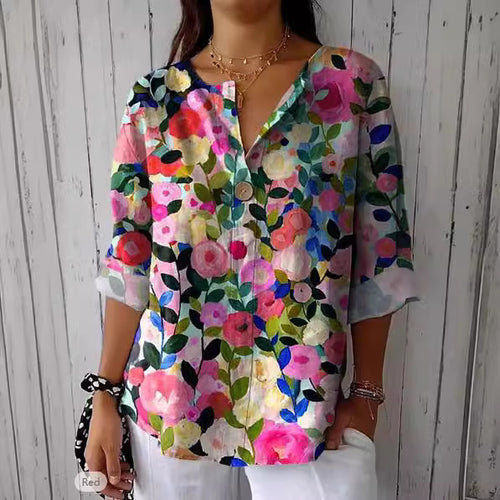 Damen Lose Blumenmuster Leinenlook Bluse Tunika mit V-Ausschnitt und Dreiviertelärmeln Drune
