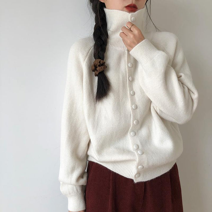 Damen kuschelige Strickjacke mit hochgeschlossenem Kragen und Knopfdetails Drune