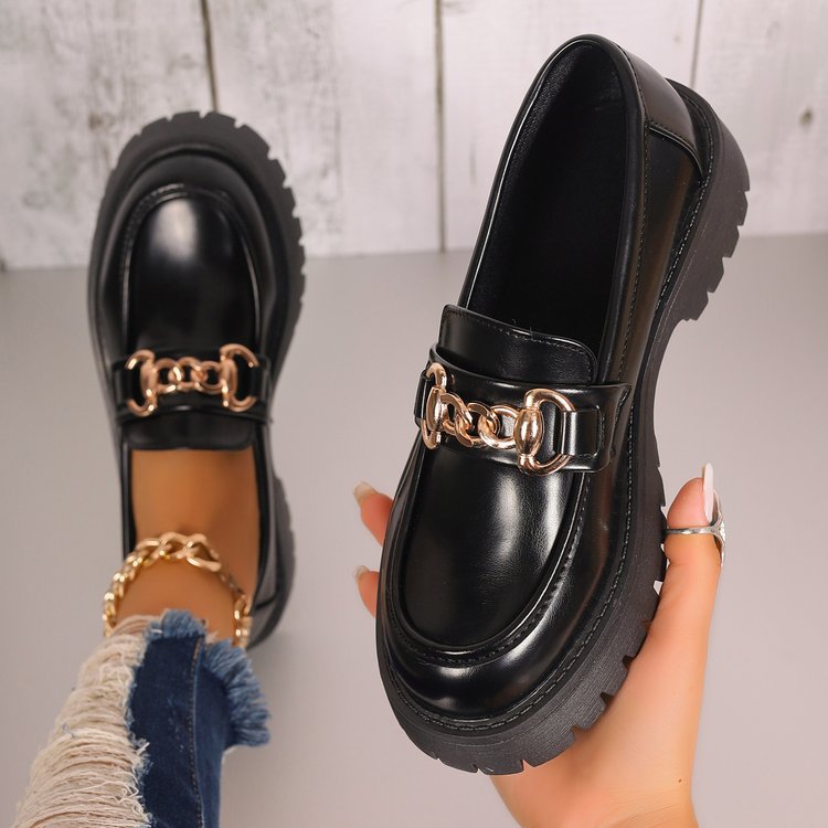 Damen klobige Loafer im Leder-Look mit profiliertem Plateau und Gliederketten-Applikation Drune
