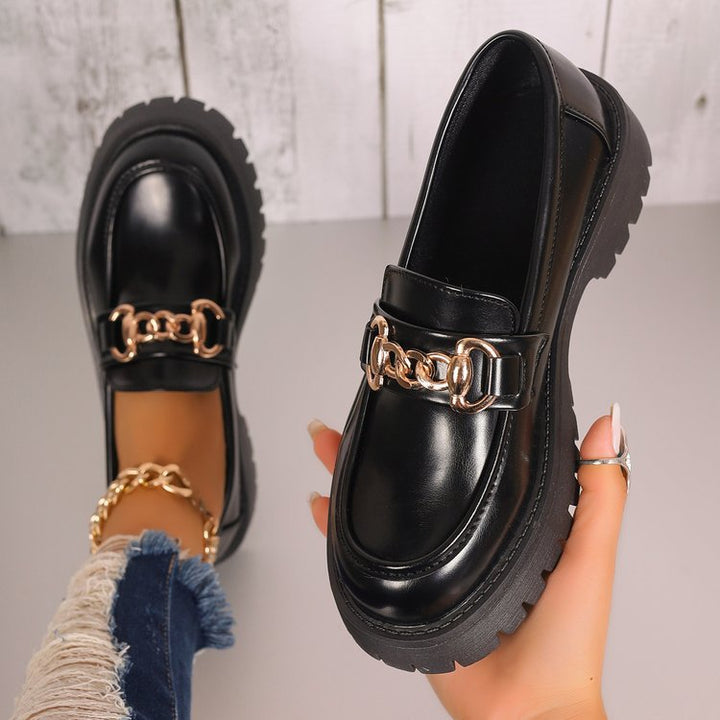 Damen klobige Loafer im Leder-Look mit profiliertem Plateau und Gliederketten-Applikation Drune