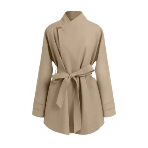 Damen Oversized Wickelbluse mit Stehkragen und Bindegürtel Drune