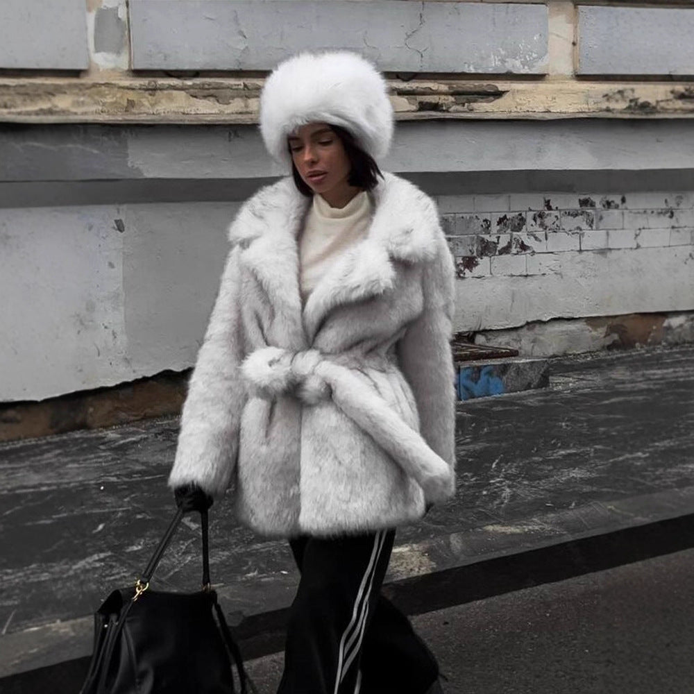 Damen Voluminöser Kurzmantel aus Kunstfell mit Taillengürtel und Oversize-Schalkragen Drune