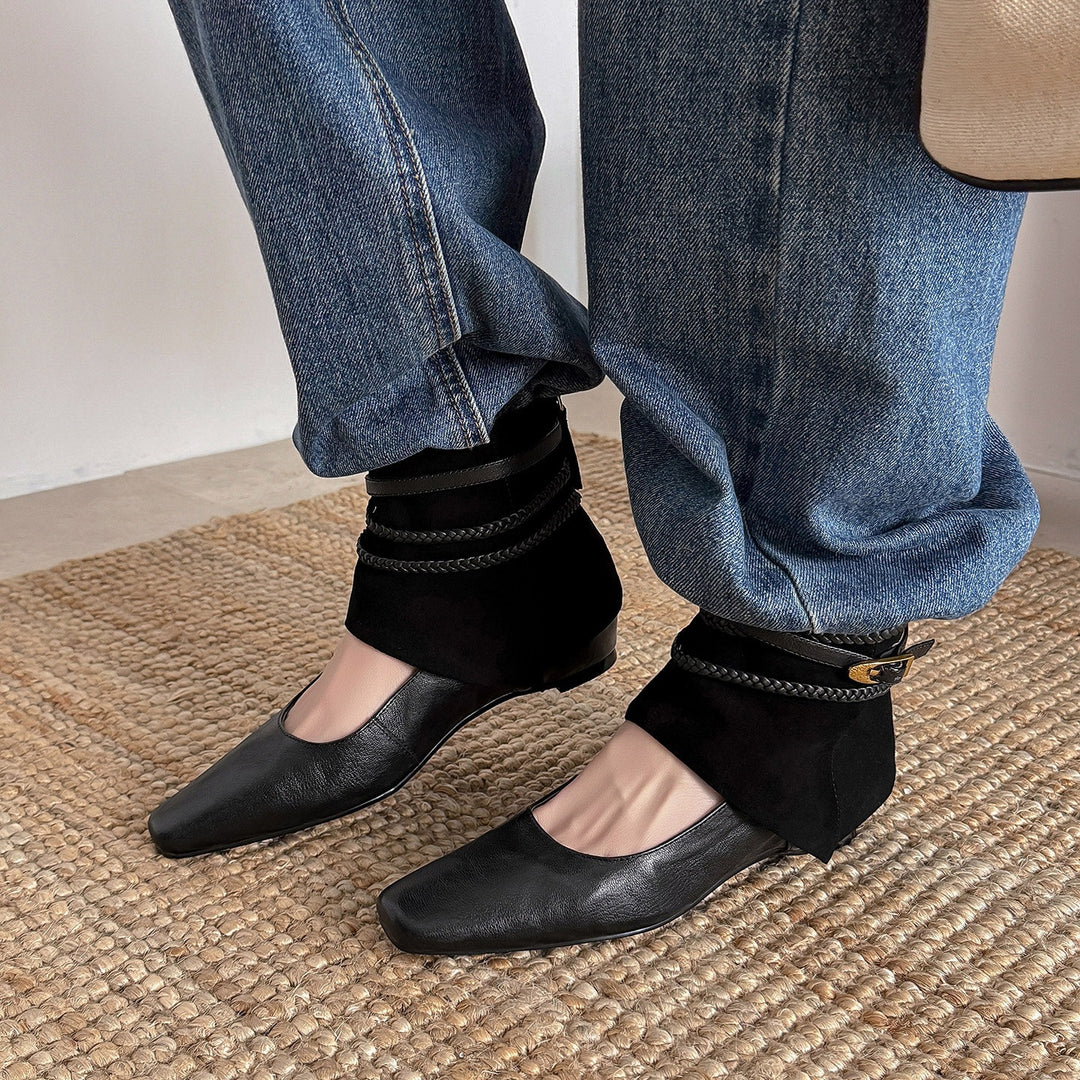 Damen Ankle‑Slipper mit umschlagbarem Velours‑Schaft und geflochtenen Zierriemen Drune