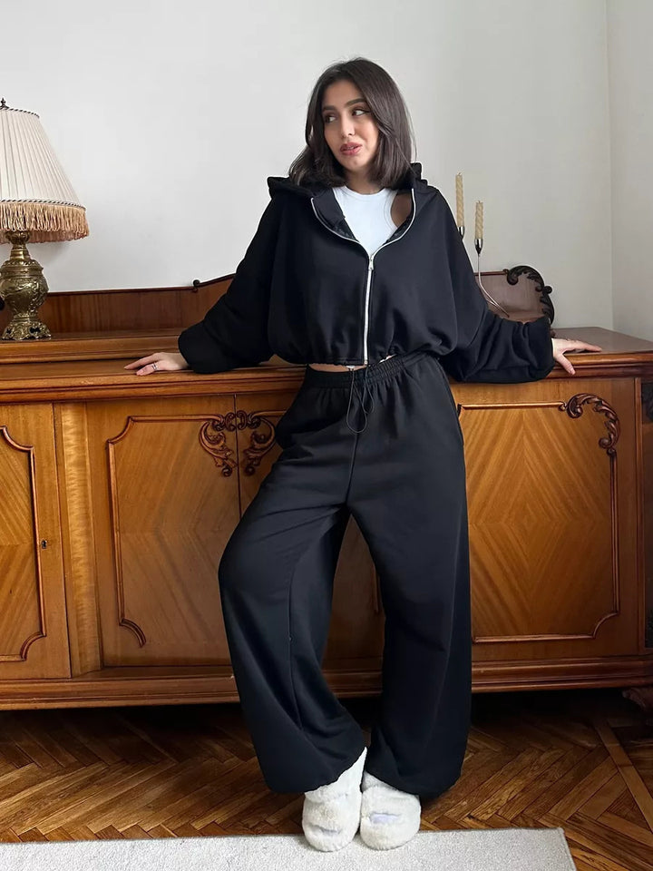 Damen kurzes Kapuzenzipper-Lounge-Set mit oversized Ärmeln und weitem Jogginghose-Schnitt Drune
