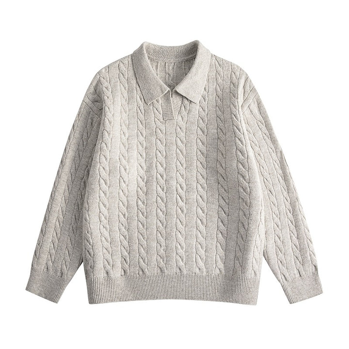 Damen Oversize Kabelstrick-Polo-Pullover mit V‑Ausschnitt und geripptem Saum Drune